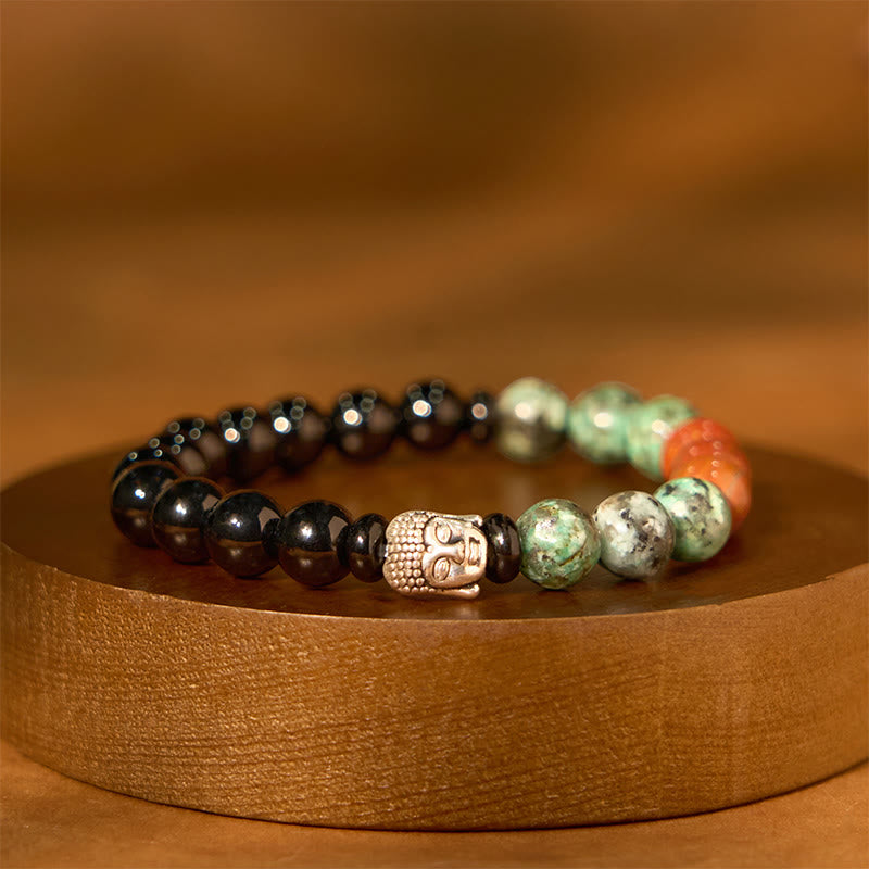 Wear FengShui Natural Black Onyx White Stone Green Aventurine Tiger Eye Agate Mixed Color Buddha Head Protection Bracelet
