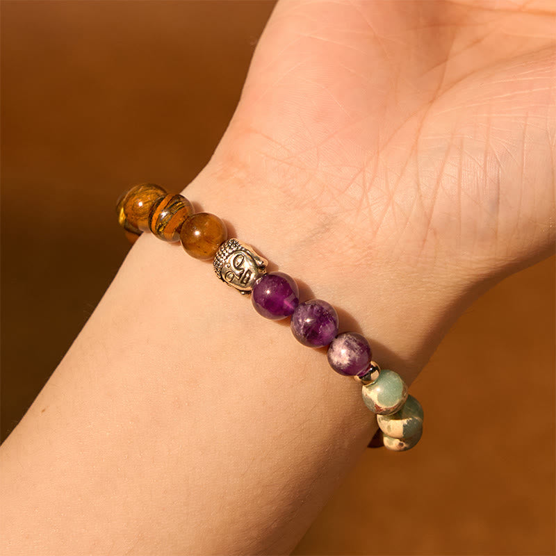 Wear FengShui Natural Black Onyx White Stone Green Aventurine Tiger Eye Agate Mixed Color Buddha Head Protection Bracelet