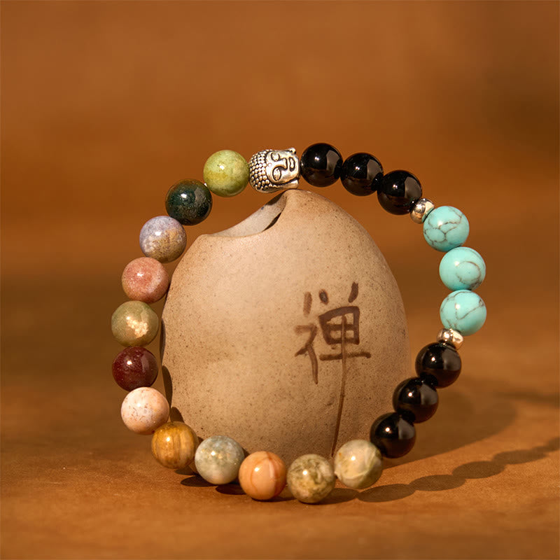 Wear FengShui Natural Black Onyx White Stone Green Aventurine Tiger Eye Agate Mixed Color Buddha Head Protection Bracelet