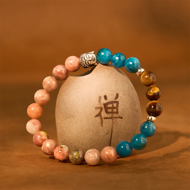 Wear FengShui Natural Black Onyx White Stone Green Aventurine Tiger Eye Agate Mixed Color Buddha Head Protection Bracelet
