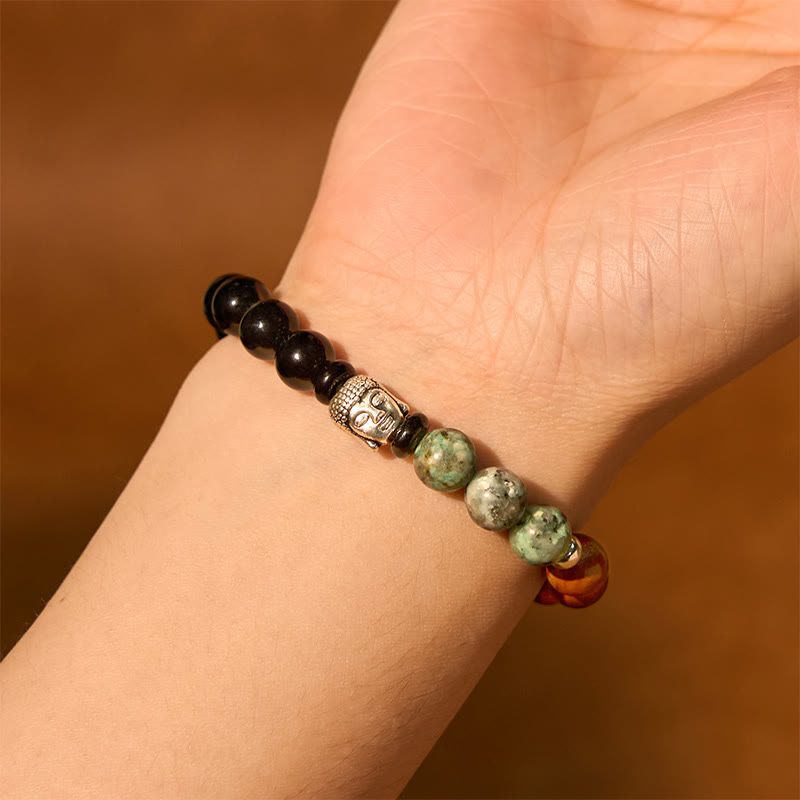 Wear FengShui Natural Black Onyx White Stone Green Aventurine Tiger Eye Agate Mixed Color Buddha Head Protection Bracelet