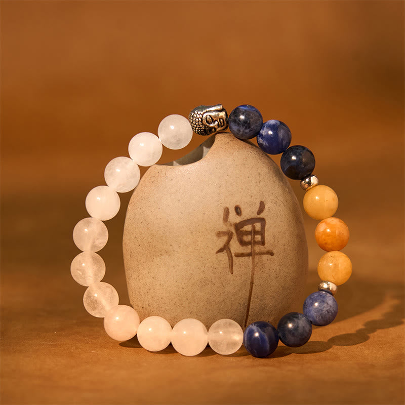 Wear FengShui Natural Black Onyx White Stone Green Aventurine Tiger Eye Agate Mixed Color Buddha Head Protection Bracelet