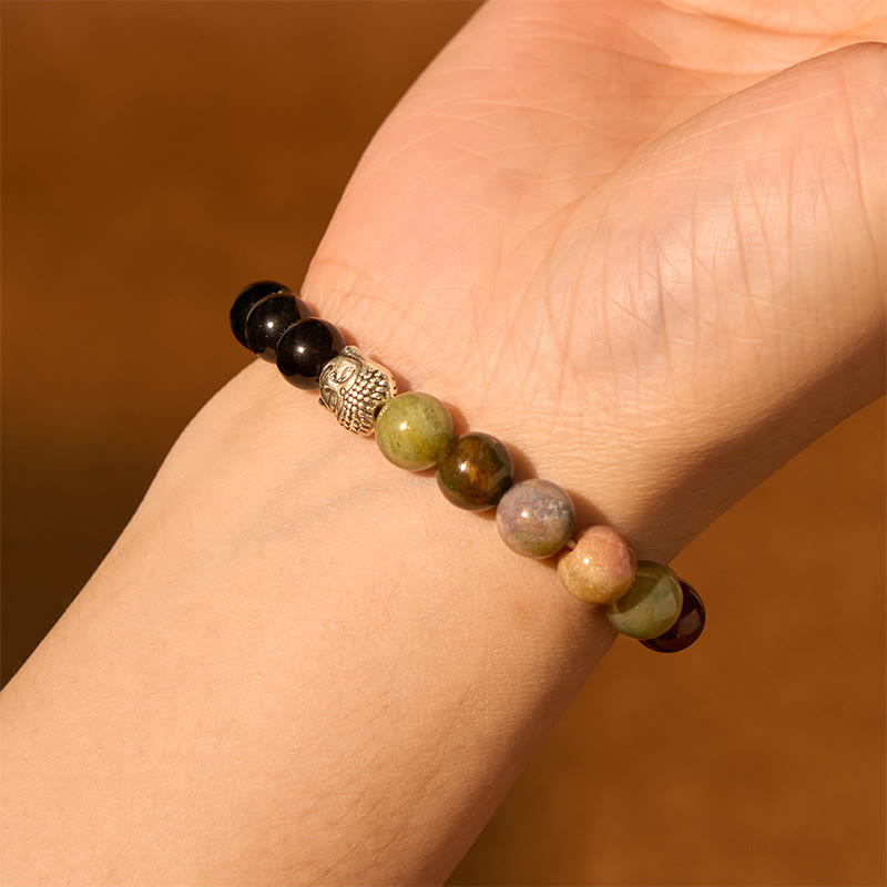 Wear FengShui Natural Black Onyx White Stone Green Aventurine Tiger Eye Agate Mixed Color Buddha Head Protection Bracelet