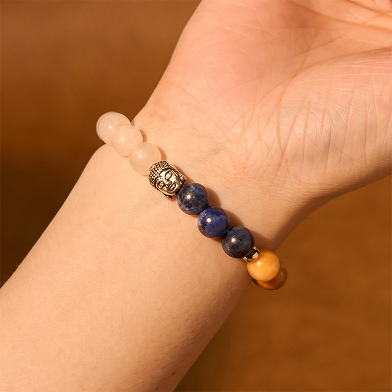 Wear FengShui Natural Black Onyx White Stone Green Aventurine Tiger Eye Agate Mixed Color Buddha Head Protection Bracelet