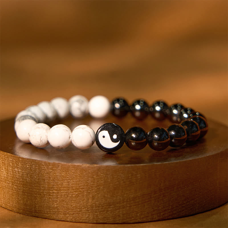 Wear FengShui Natural Obsidian White Turquoise Yinyang Tai Chi Strength Bracelet
