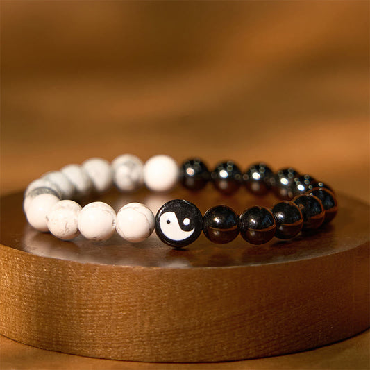 Wear FengShui Natural Obsidian White Turquoise Yinyang Tai Chi Strength Bracelet