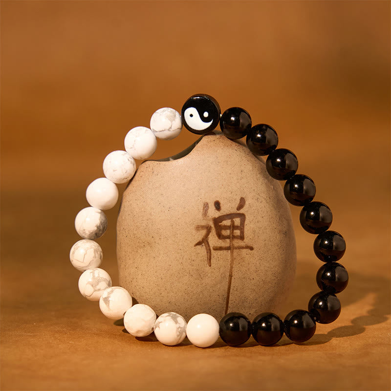 Wear FengShui Natural Obsidian White Turquoise Yinyang Tai Chi Strength Bracelet
