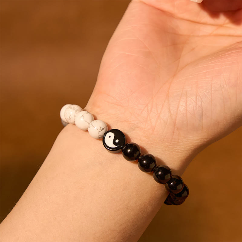 Wear FengShui Natural Obsidian White Turquoise Yinyang Tai Chi Strength Bracelet