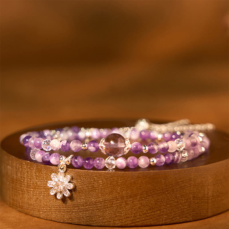 Wear FengShui Amethyst Crystal Sunflower Spiritual Awareness Double Wrap Bracelet