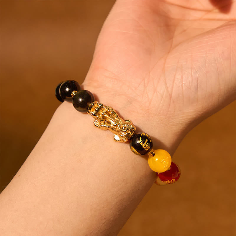 Wear FengShui Natural Gold Sheen Obsidian PiXiu Five Directions Gods of Wealth Protection Bracelet