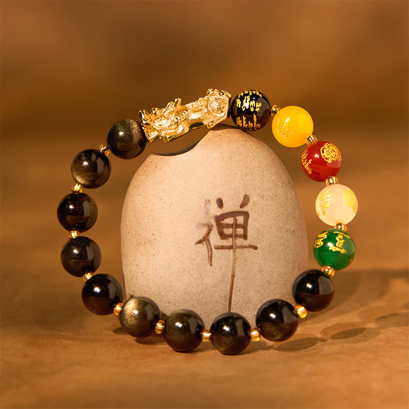 Wear FengShui Natural Gold Sheen Obsidian PiXiu Five Directions Gods of Wealth Protection Bracelet