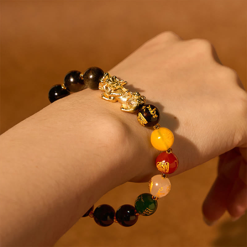 Wear FengShui Natural Gold Sheen Obsidian PiXiu Five Directions Gods of Wealth Protection Bracelet