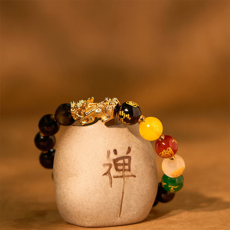 Wear FengShui Natural Gold Sheen Obsidian PiXiu Five Directions Gods of Wealth Protection Bracelet