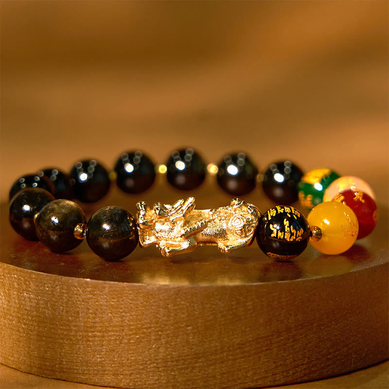 Wear FengShui Natural Gold Sheen Obsidian PiXiu Five Directions Gods of Wealth Protection Bracelet