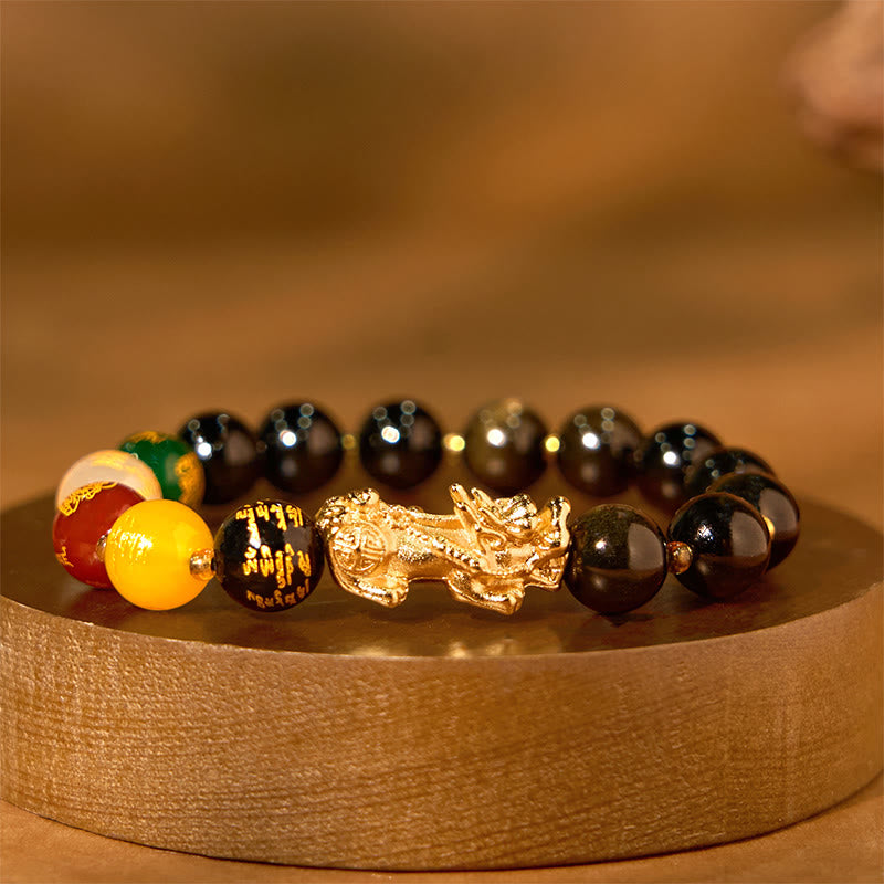 Wear FengShui Natural Gold Sheen Obsidian PiXiu Five Directions Gods of Wealth Protection Bracelet