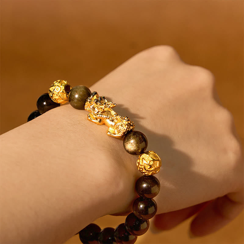 Wear FengShui Natural Gold Sheen Obsidian PiXiu Om Mani Padme Hum Wealth Bracelet