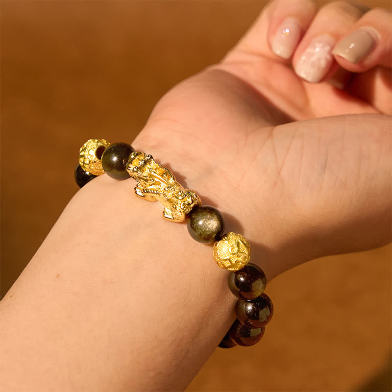 Wear FengShui Natural Gold Sheen Obsidian PiXiu Om Mani Padme Hum Wealth Bracelet