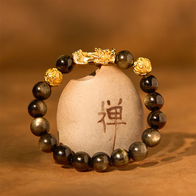 Wear FengShui Natural Gold Sheen Obsidian PiXiu Om Mani Padme Hum Wealth Bracelet