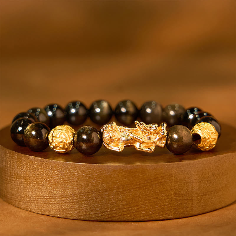 Wear FengShui Natural Gold Sheen Obsidian PiXiu Om Mani Padme Hum Wealth Bracelet