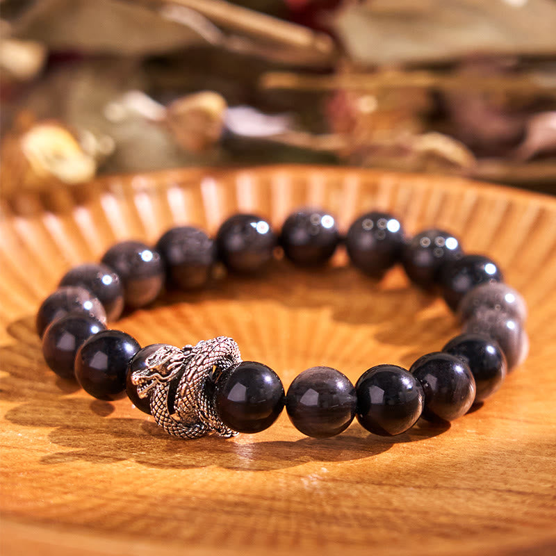 Wear FengShui Silver Sheen Obsidian Dragon Protection Bracelet