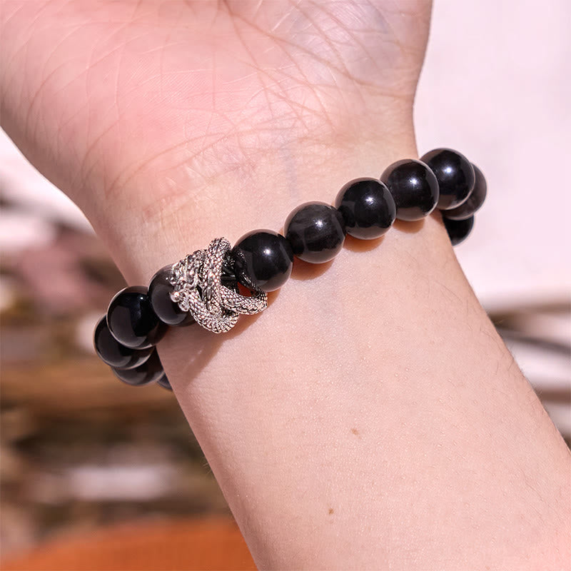 Wear FengShui Silver Sheen Obsidian Dragon Protection Bracelet