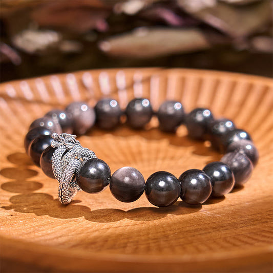 Wear FengShui Silver Sheen Obsidian Dragon Protection Bracelet