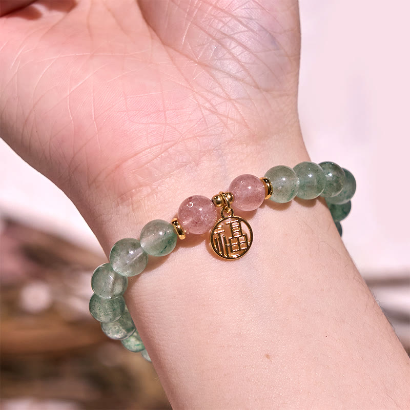 Wear FengShui Natural Green Strawberry Quartz Soothing Fu Character Bracelet