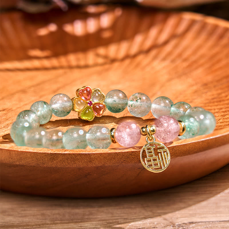 Wear FengShui Natural Green Strawberry Quartz Soothing Fu Character Bracelet