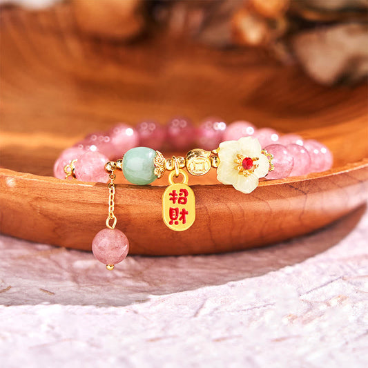 Wear FengShui Natural Strawberry Quartz Blossom Fu Character Positivity Healing Bracelet