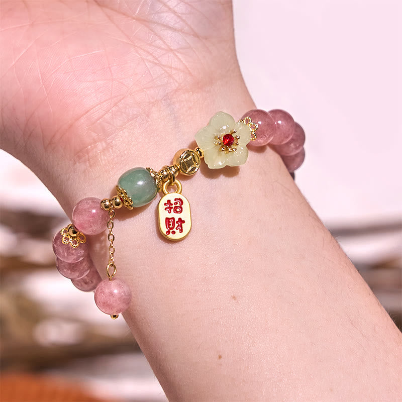 Wear FengShui Natural Strawberry Quartz Blossom Fu Character Positivity Healing Bracelet