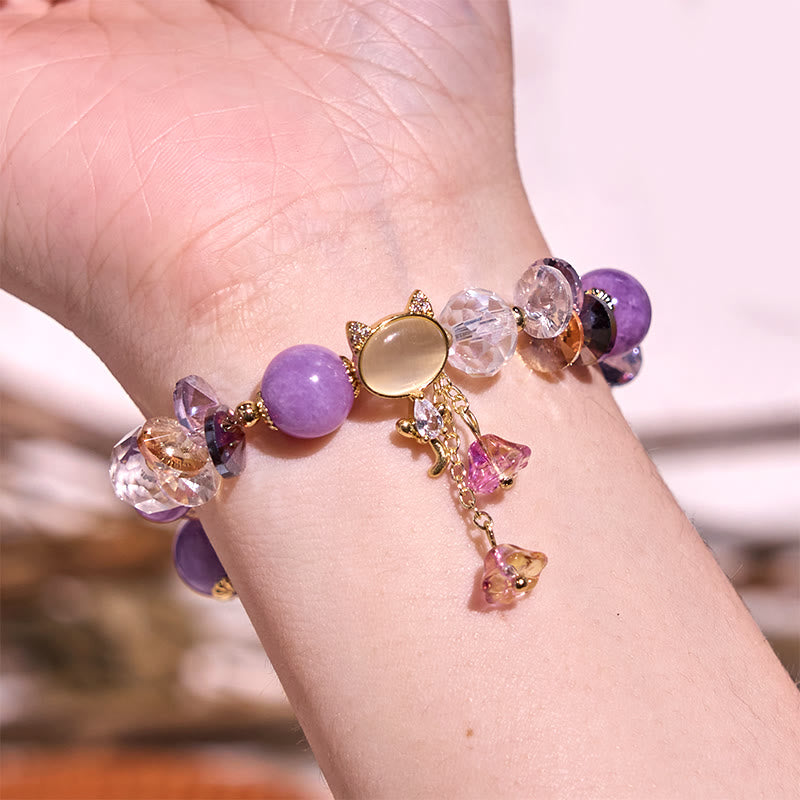 Wear FengShui Amethyst Green Crystal Red Crystal Cat Balance Bracelet
