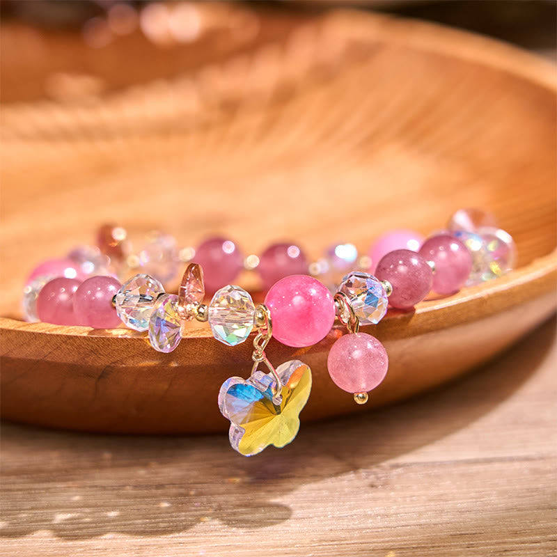 Wear FengShui Strawberry Quartz White Crystal Pink Crystal Butterfly Love Bracelet