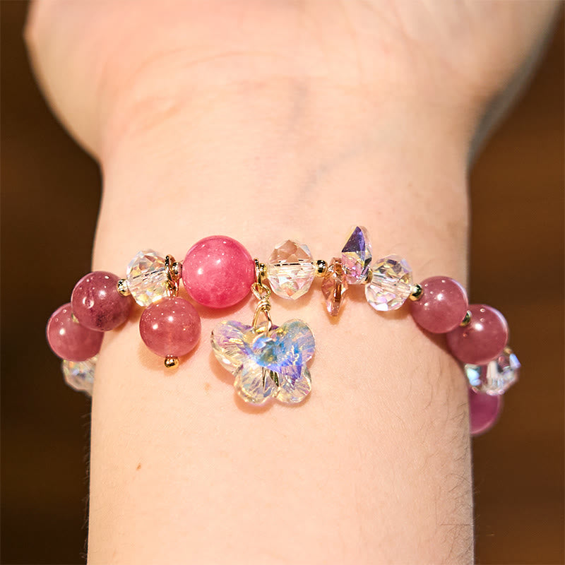 Wear FengShui Strawberry Quartz White Crystal Pink Crystal Butterfly Love Bracelet