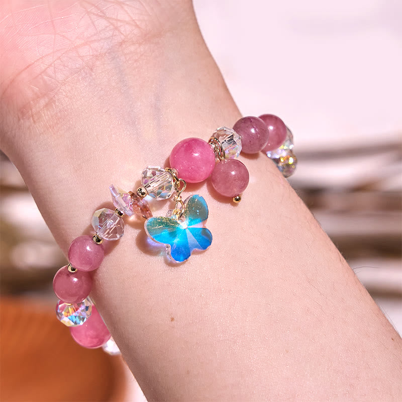 Wear FengShui Strawberry Quartz White Crystal Pink Crystal Butterfly Love Bracelet
