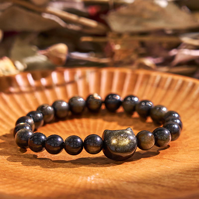 Wear FengShui Gold Sheen Obsidian Silver Sheen Obsidian Lovely Paw Lucky Cat Protection Bracelet