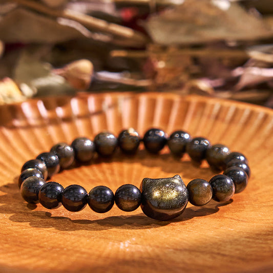 Wear FengShui Gold Sheen Obsidian Silver Sheen Obsidian Lovely Paw Lucky Cat Protection Bracelet