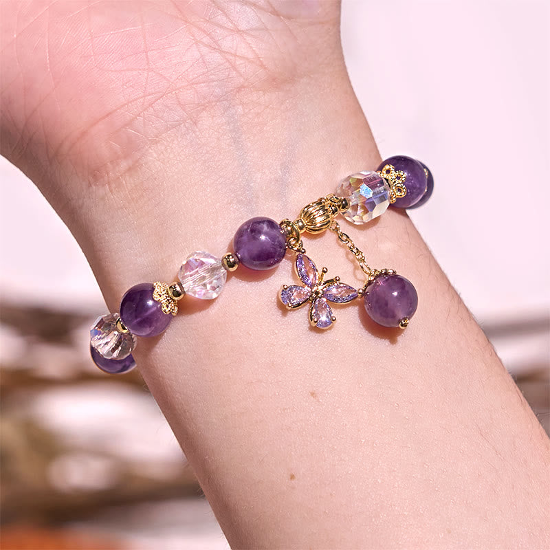 Wear FengShui Natural Amethyst Crystal Spiritual Butterfly Charm Bracelet