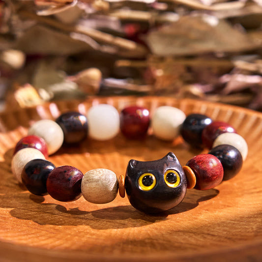 Wear FengShui Small Leaf Red Sandalwood Ebony Wood Cute Cat Engraved Protection Bracelet