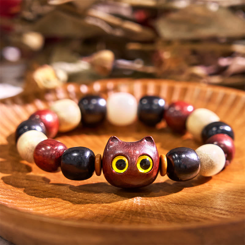 Wear FengShui Small Leaf Red Sandalwood Ebony Wood Cute Cat Engraved Protection Bracelet