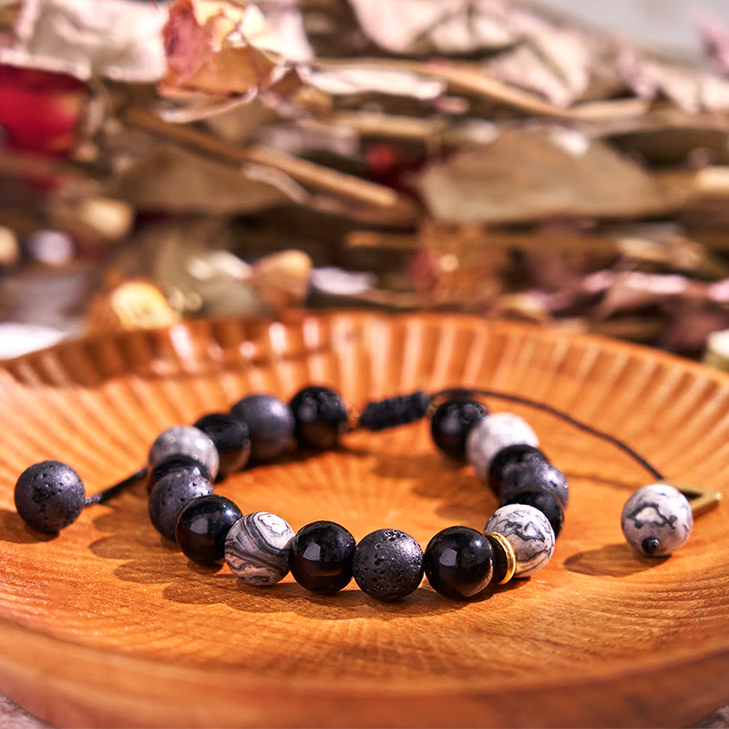 Wear FengShui Black Obsidian Lava Rock Stone Yin Yang Strength Bracelet