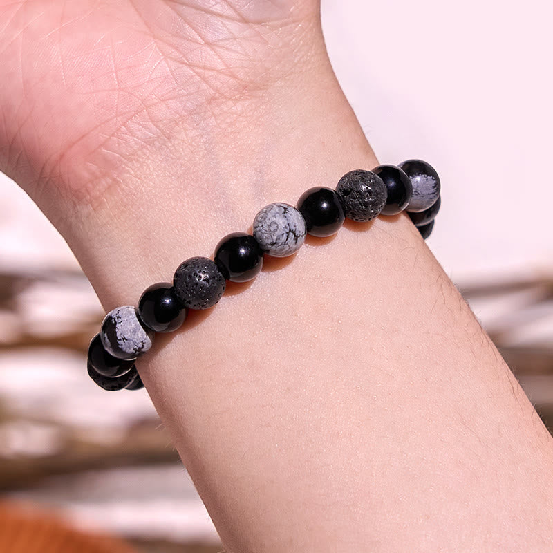 Wear FengShui Black Obsidian Lava Rock Stone Yin Yang Strength Bracelet