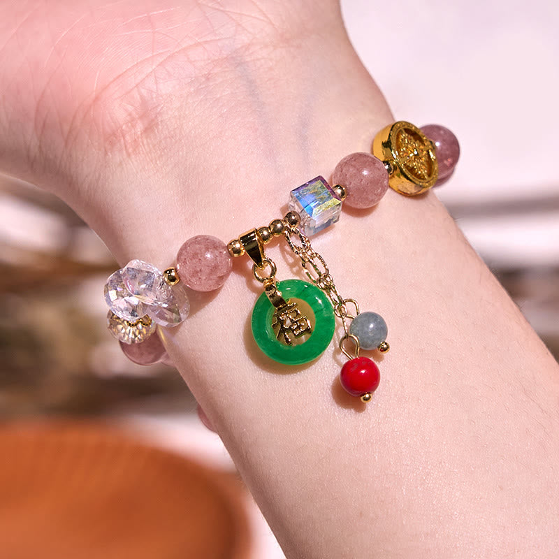 Wear FengShui Strawberry Quartz Jade Fu Character Charm Healing Bracelet