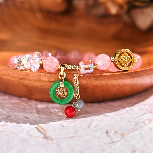 Wear FengShui Strawberry Quartz Jade Fu Character Charm Healing Bracelet