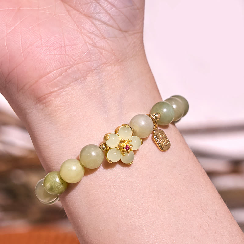 Wear FengShui Green Jade Flower Fu Character Charm Luck Bracelet