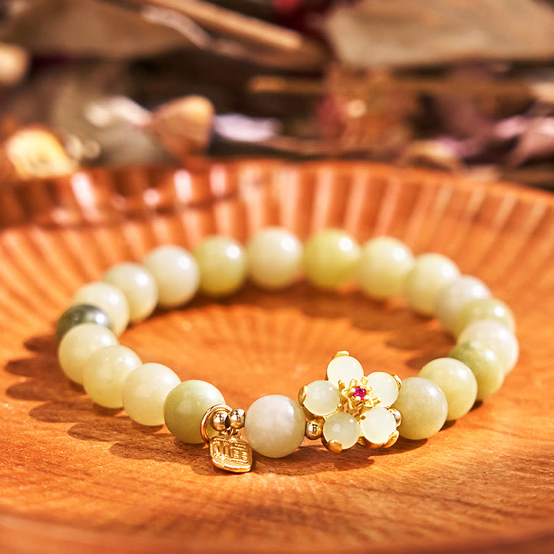 Wear FengShui Green Jade Flower Fu Character Charm Luck Bracelet