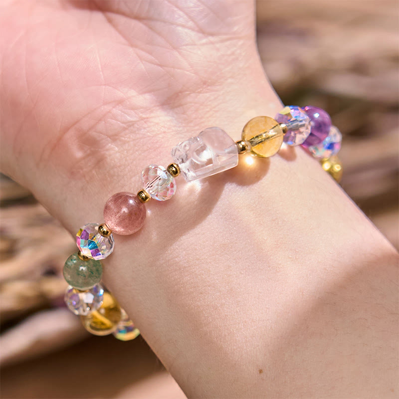 Wear FengShui PiXiu White Crystal Citrine Green Strawberry Quartz Amethyst Luck Bracelet