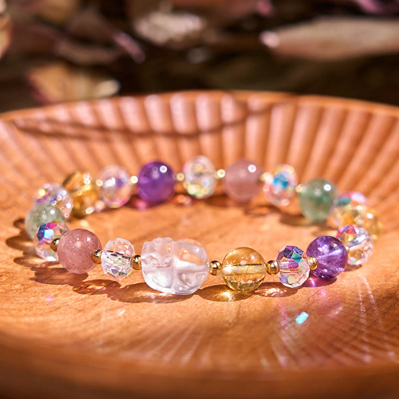 Wear FengShui PiXiu White Crystal Citrine Green Strawberry Quartz Amethyst Luck Bracelet