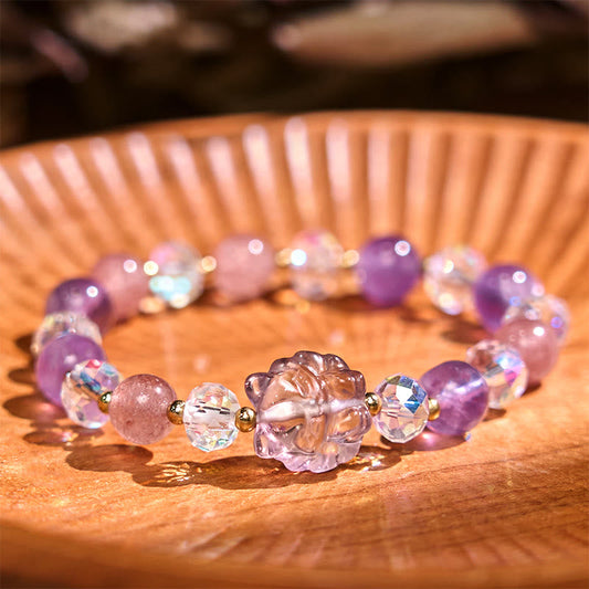Wear FengShui Amethyst Strawberry Quartz White Crystal Nine Tailed Fox Meditation Bracelet