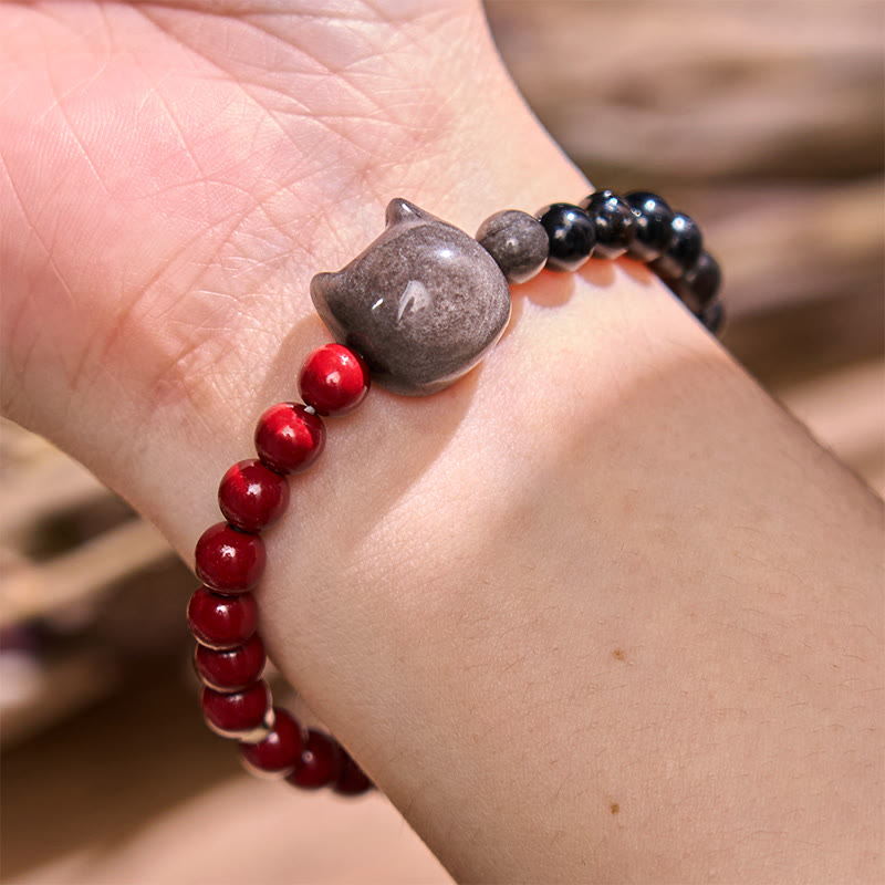 Wear FengShui Black Obsidian Cinnabar Silver Sheen Obsidian Cat Fulfilment Bracelet