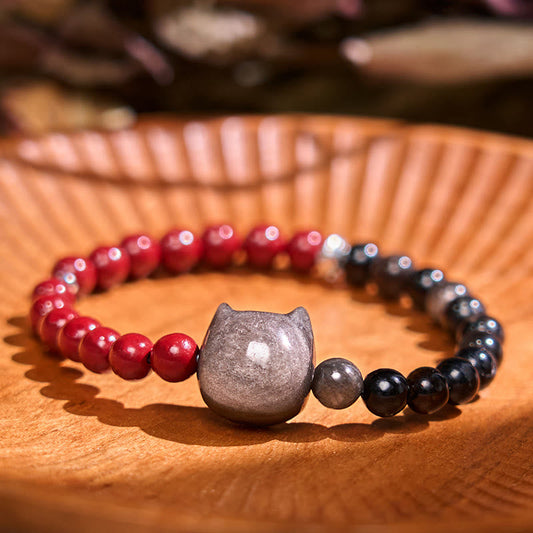 Wear FengShui Black Obsidian Cinnabar Silver Sheen Obsidian Cat Fulfilment Bracelet